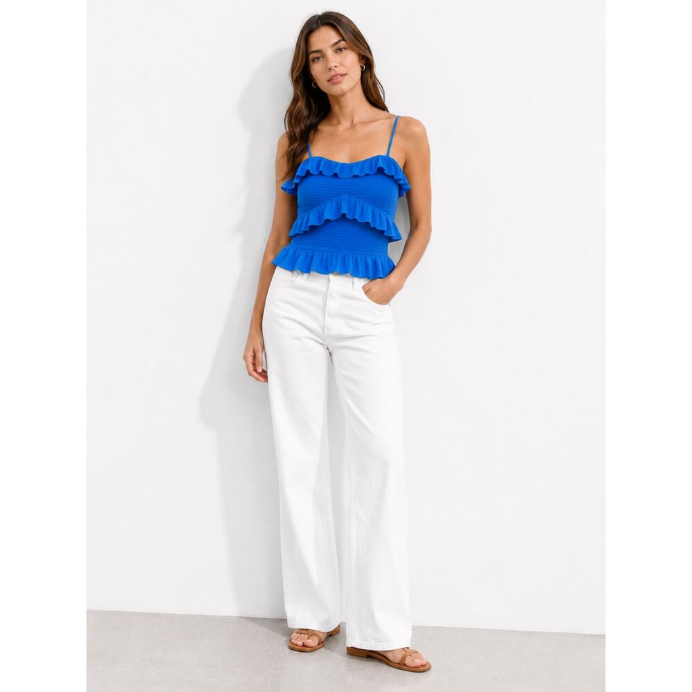 Anthropologie Do + Be Blue Smocked Ruffle Cami Y2K Ruched Tank Top Medium